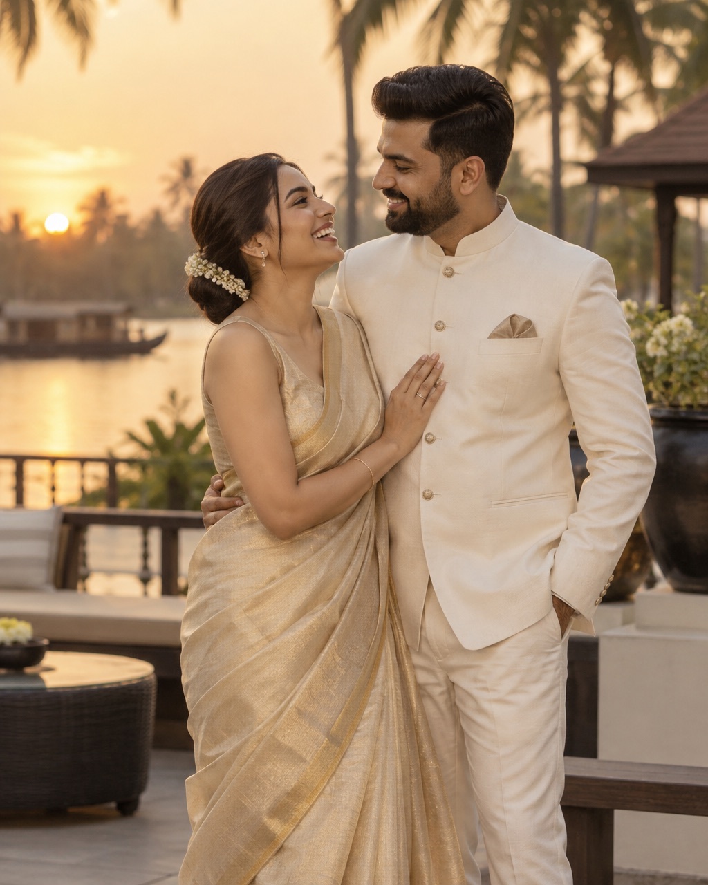 Modern Kerala couple at a backwater resort at sunset